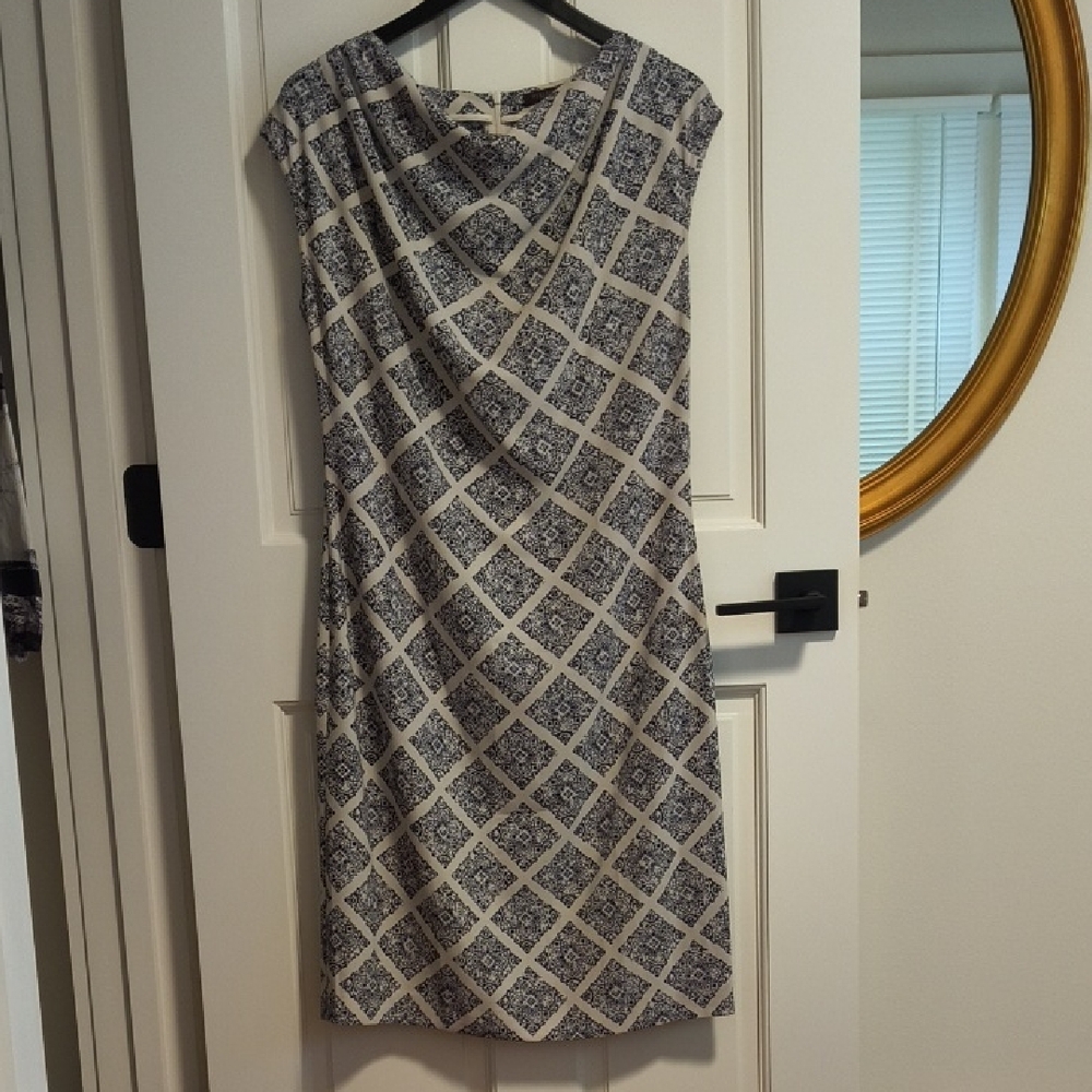 Peserico Navy and Cream Geometric Midi Dress